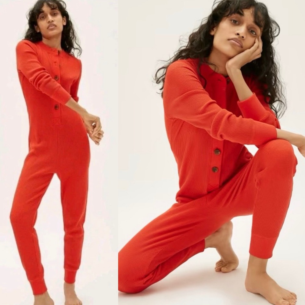 Everlane Waffle Knit Union Suit Women Size M Red Thermal Onesie Loungewear Cozy